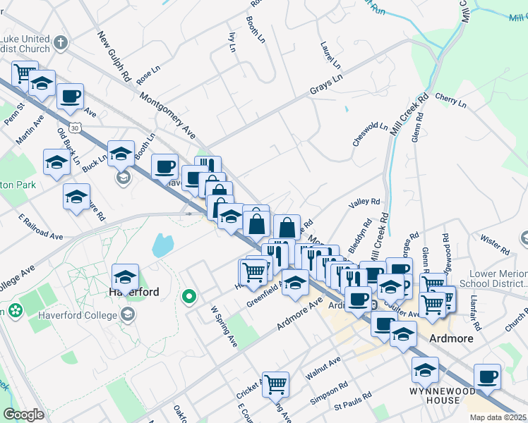 map of restaurants, bars, coffee shops, grocery stores, and more near 250 Montgomery Avenue in Haverford