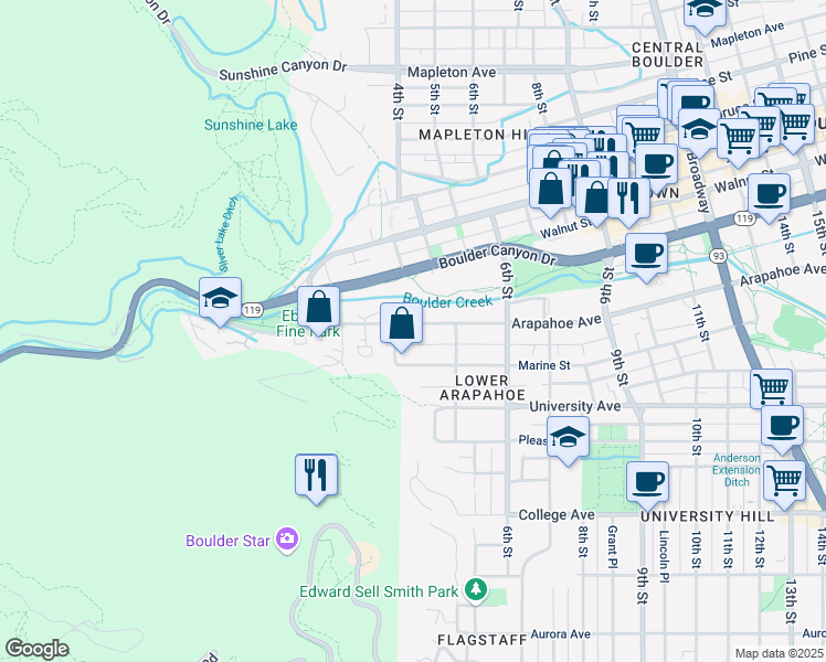 map of restaurants, bars, coffee shops, grocery stores, and more near 428 Arapahoe Avenue in Boulder