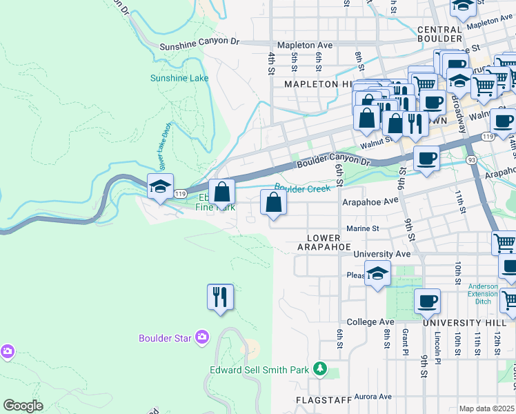 map of restaurants, bars, coffee shops, grocery stores, and more near 358 Arapahoe Avenue in Boulder