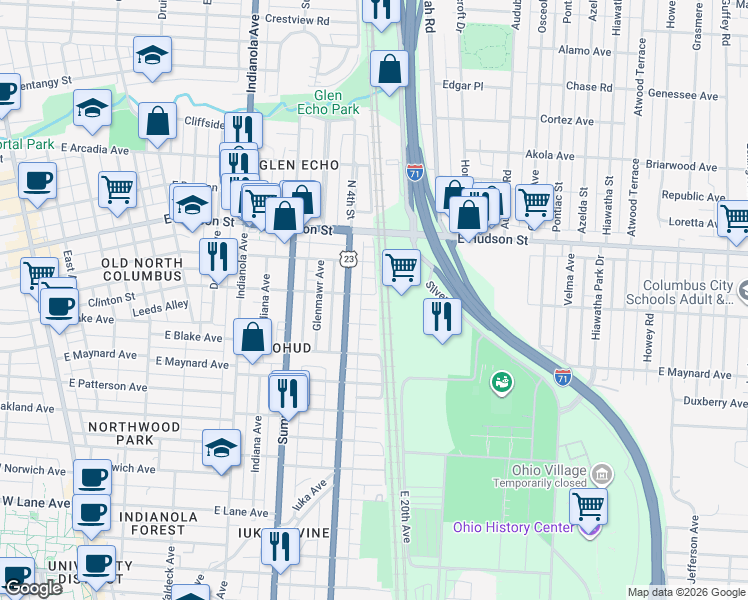 map of restaurants, bars, coffee shops, grocery stores, and more near 519 Clinton Street in Columbus