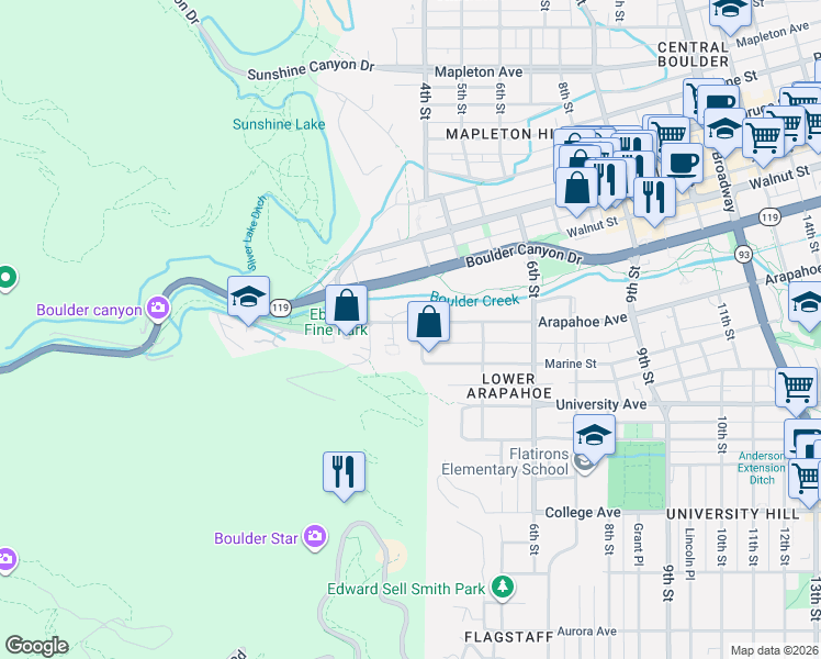 map of restaurants, bars, coffee shops, grocery stores, and more near 358 Arapahoe Avenue in Boulder