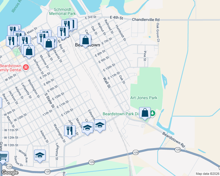 map of restaurants, bars, coffee shops, grocery stores, and more near 801 East 12th Street in Beardstown