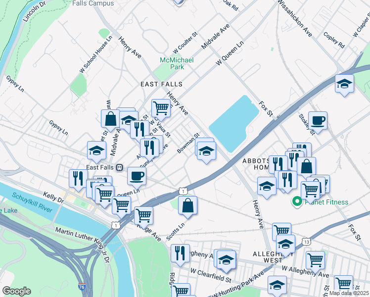 map of restaurants, bars, coffee shops, grocery stores, and more near 3375 Vaux Street in Philadelphia
