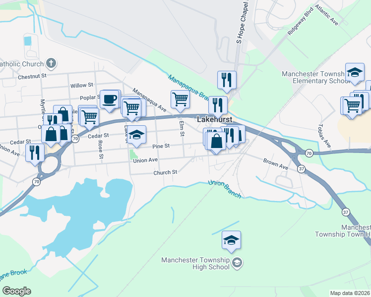 map of restaurants, bars, coffee shops, grocery stores, and more near 107 Elm Street in Lakehurst