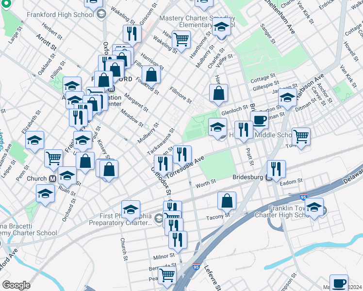 map of restaurants, bars, coffee shops, grocery stores, and more near 2002 Margaret Street in Philadelphia
