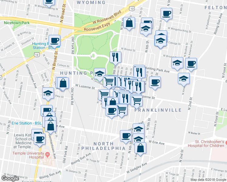 map of restaurants, bars, coffee shops, grocery stores, and more near 3960 N Darien St in Philadelphia