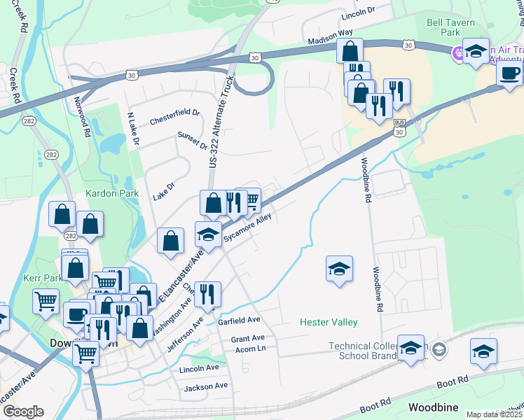 map of restaurants, bars, coffee shops, grocery stores, and more near 626 East Lancaster Avenue in Downingtown