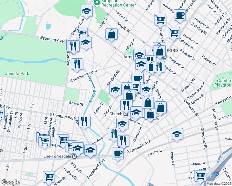 map of restaurants, bars, coffee shops, grocery stores, and more near 1423 Imogene Street in Philadelphia