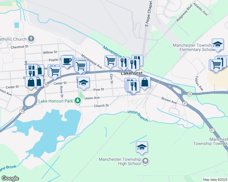 map of restaurants, bars, coffee shops, grocery stores, and more near 107 Elm Street in Lakehurst