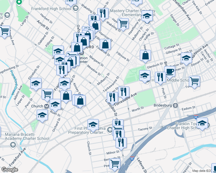 map of restaurants, bars, coffee shops, grocery stores, and more near 4634 Tackawanna Street in Philadelphia