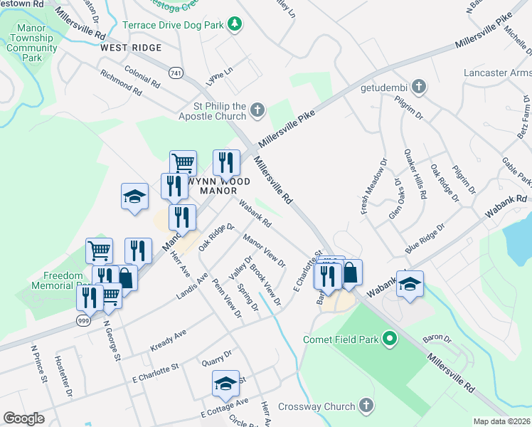 map of restaurants, bars, coffee shops, grocery stores, and more near 53 Wabank Road in Millersville