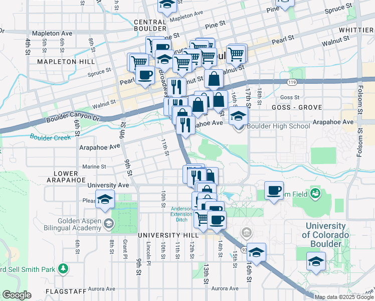map of restaurants, bars, coffee shops, grocery stores, and more near 1590 Broadway Street in Boulder