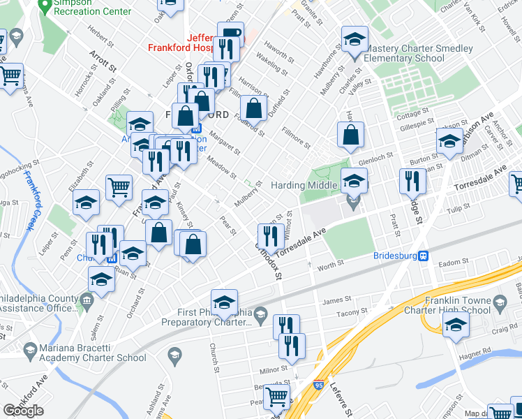 map of restaurants, bars, coffee shops, grocery stores, and more near 4634 Tackawanna Street in Philadelphia