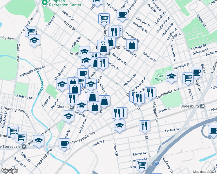 map of restaurants, bars, coffee shops, grocery stores, and more near 1708 Gillingham Street in Philadelphia