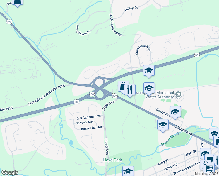 map of restaurants, bars, coffee shops, grocery stores, and more near 5001 Horseshoe Pike in Downingtown