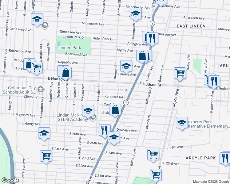 map of restaurants, bars, coffee shops, grocery stores, and more near 1500 Kenmore Road in Columbus