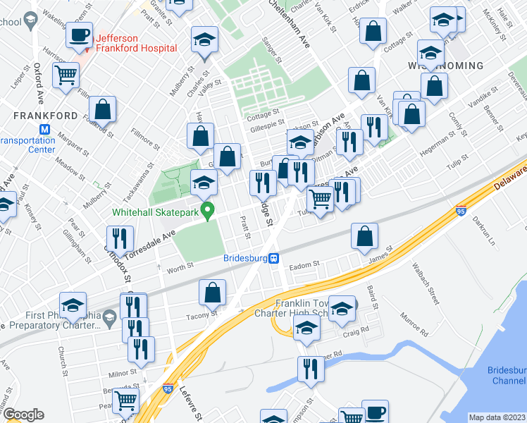 map of restaurants, bars, coffee shops, grocery stores, and more near 2116 Bridge Street in Philadelphia