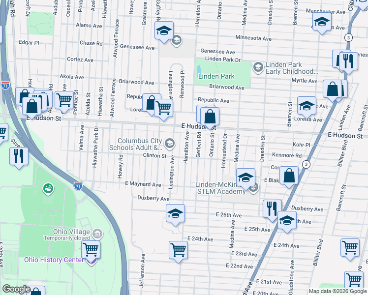 map of restaurants, bars, coffee shops, grocery stores, and more near 2292 Lexington Avenue in Columbus