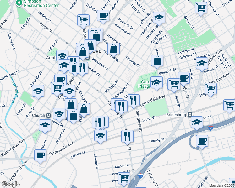 map of restaurants, bars, coffee shops, grocery stores, and more near 4638 Tackawanna Street in Philadelphia
