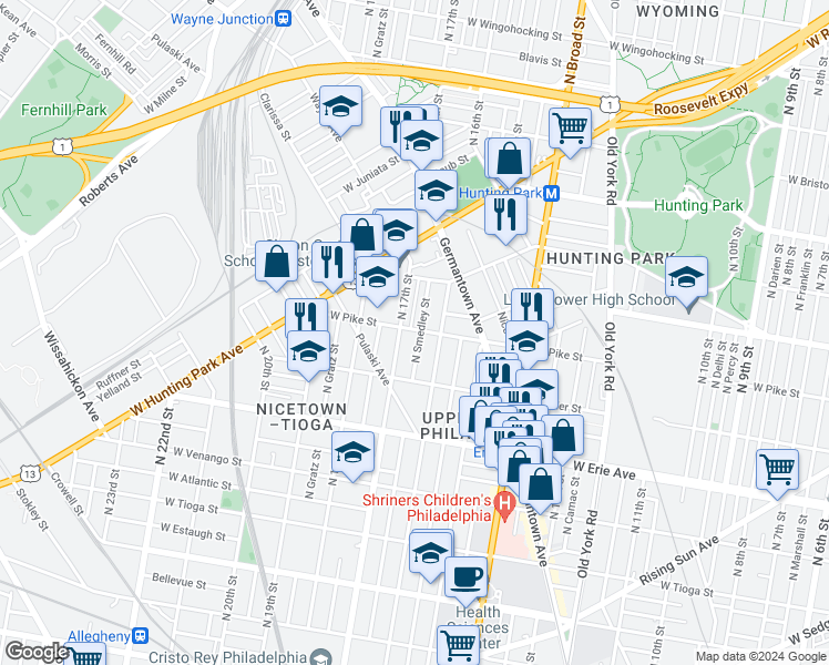 map of restaurants, bars, coffee shops, grocery stores, and more near 3860 North Smedley Street in Philadelphia