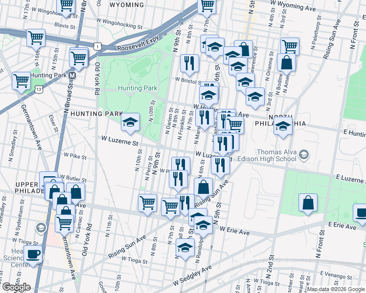 map of restaurants, bars, coffee shops, grocery stores, and more near 4001 North 7th Street in Philadelphia