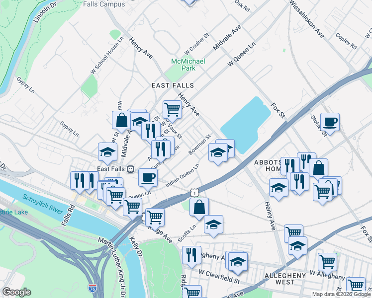 map of restaurants, bars, coffee shops, grocery stores, and more near 3423 Bowman Street in Philadelphia