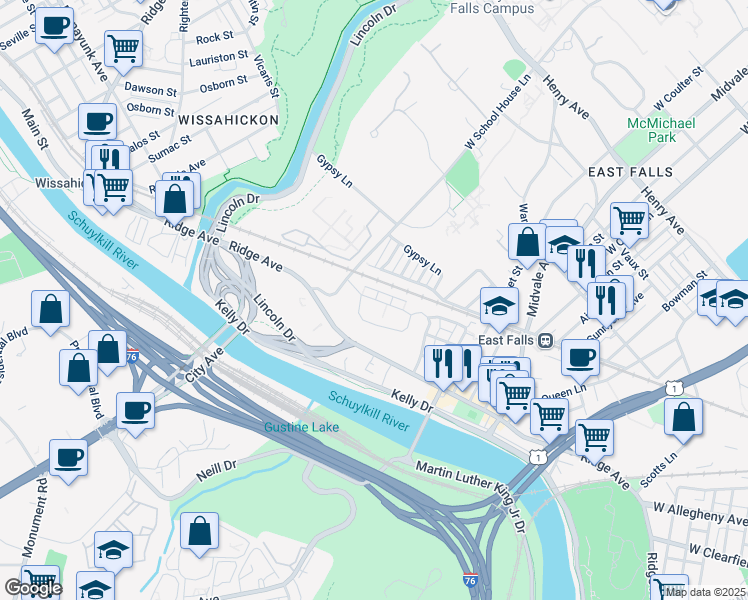 map of restaurants, bars, coffee shops, grocery stores, and more near 4438 Driftwood Drive in Philadelphia