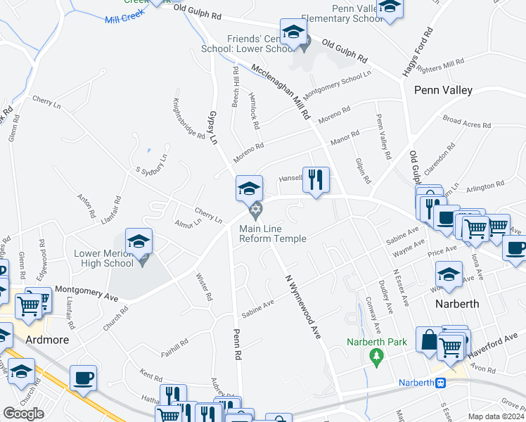 map of restaurants, bars, coffee shops, grocery stores, and more near 1334 Montgomery Avenue in Narberth