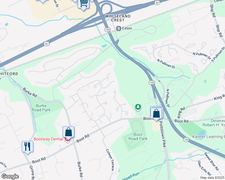 map of restaurants, bars, coffee shops, grocery stores, and more near 1485 Conifer Drive in West Chester
