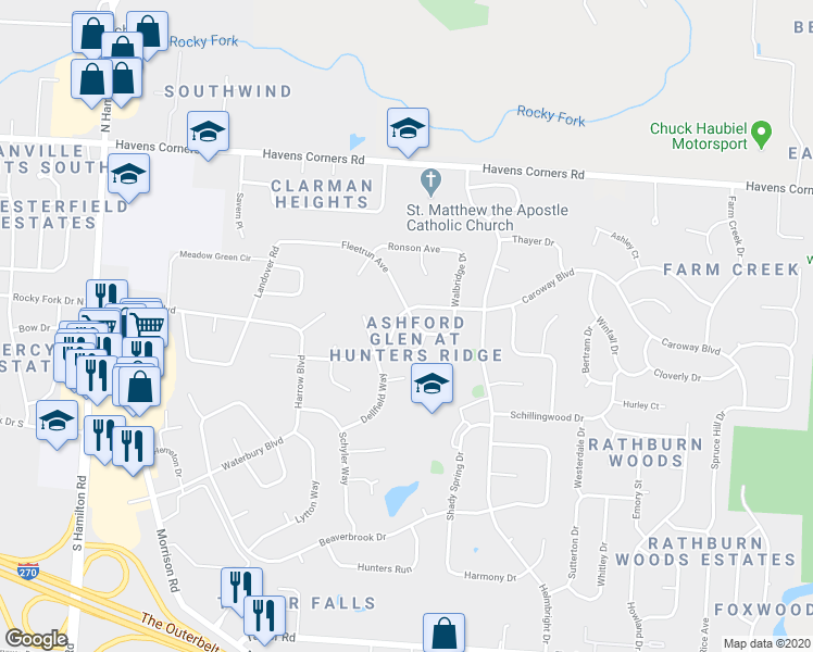 map of restaurants, bars, coffee shops, grocery stores, and more near 775 Ashford Glen Drive in Columbus