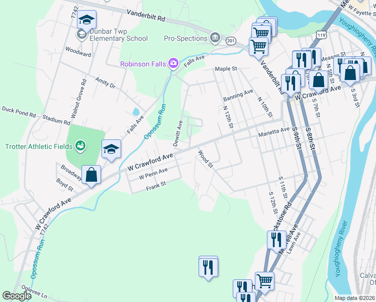 map of restaurants, bars, coffee shops, grocery stores, and more near 1605 W Crawford Ave in Connellsville