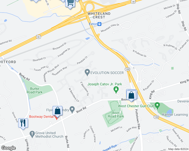 map of restaurants, bars, coffee shops, grocery stores, and more near 1485 Conifer Drive in West Chester
