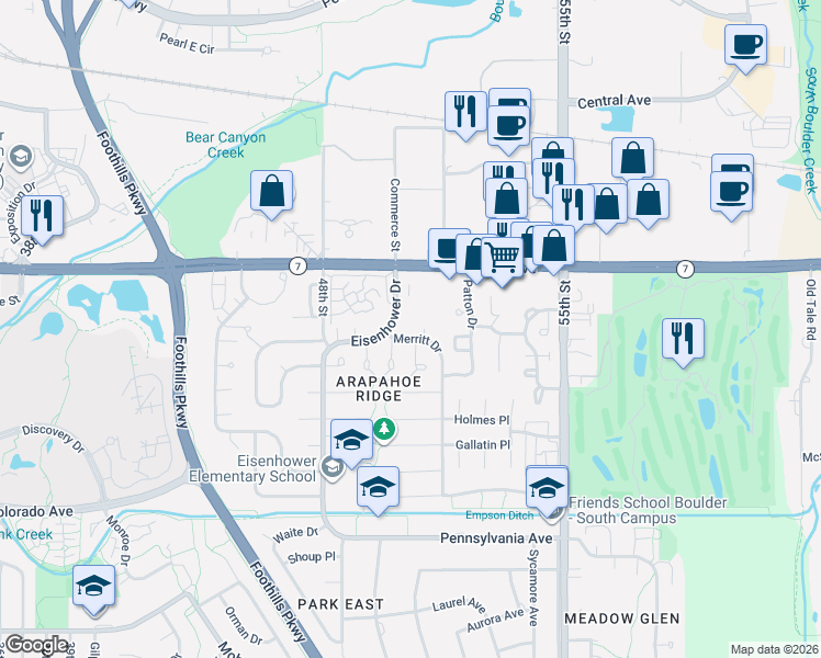 map of restaurants, bars, coffee shops, grocery stores, and more near 5087 Merritt Drive in Boulder