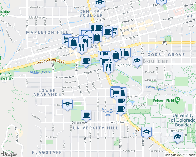 map of restaurants, bars, coffee shops, grocery stores, and more near 1051 Marine Street in Boulder