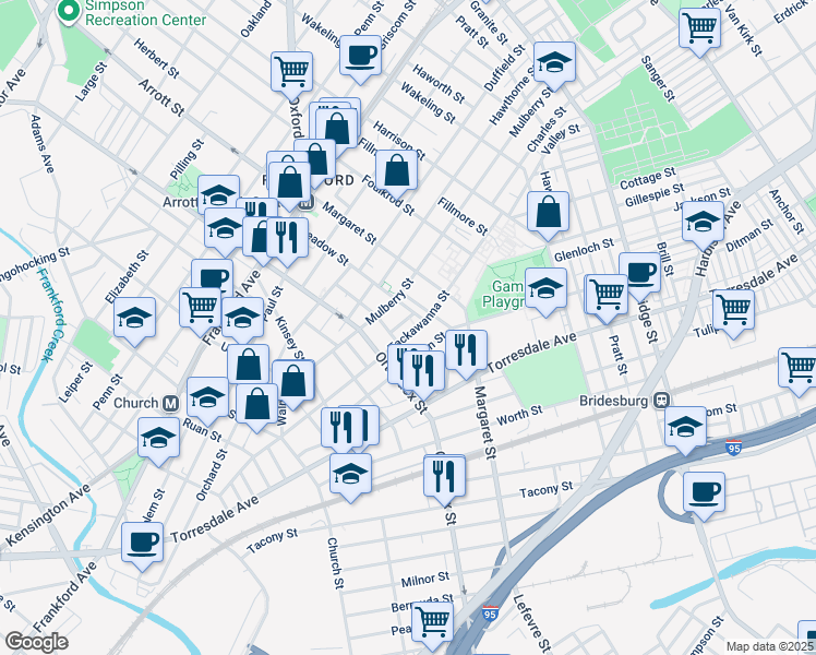 map of restaurants, bars, coffee shops, grocery stores, and more near 4636 Tackawanna Street in Philadelphia