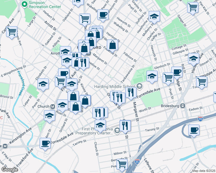 map of restaurants, bars, coffee shops, grocery stores, and more near 1821 Orthodox Street in Philadelphia