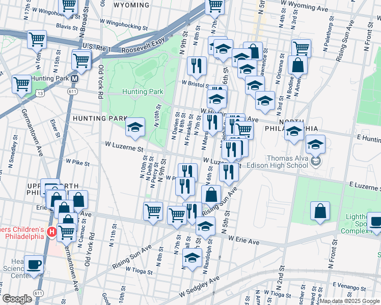 map of restaurants, bars, coffee shops, grocery stores, and more near 4001 North 7th Street in Philadelphia