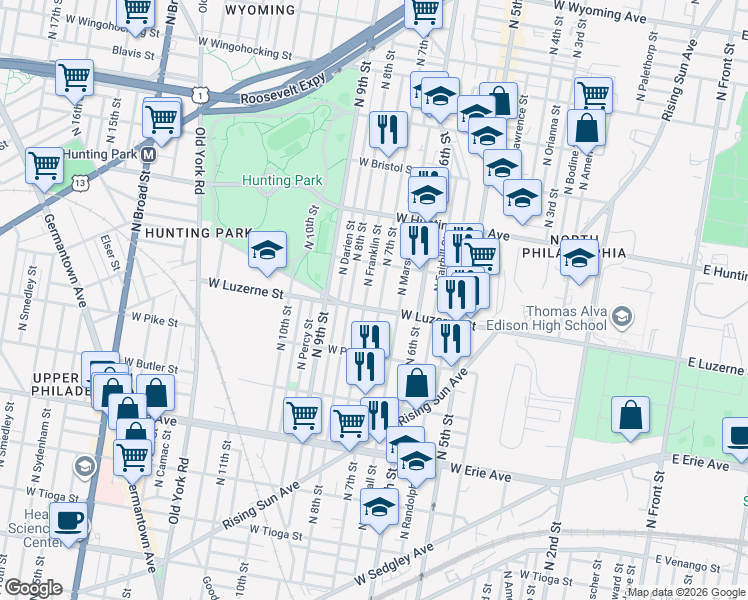 map of restaurants, bars, coffee shops, grocery stores, and more near 4001 North 7th Street in Philadelphia