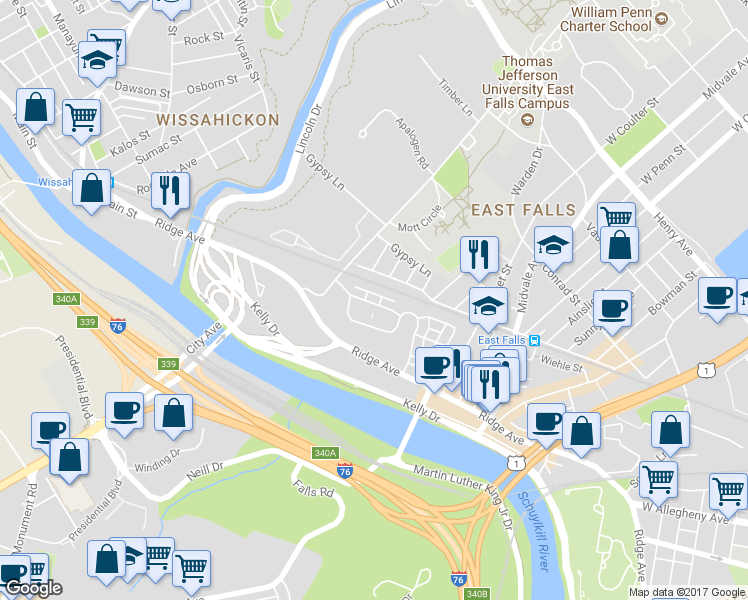 map of restaurants, bars, coffee shops, grocery stores, and more near 4467 Riverview Lane in Philadelphia