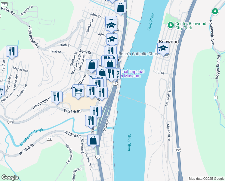 map of restaurants, bars, coffee shops, grocery stores, and more near Ohio River Scenic Byway in Bellaire