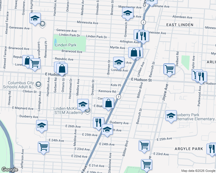 map of restaurants, bars, coffee shops, grocery stores, and more near 1500 Kenmore Road in Columbus