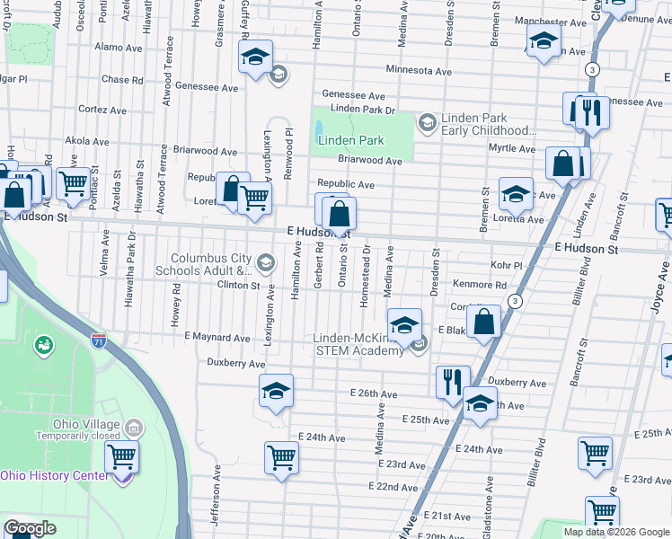 map of restaurants, bars, coffee shops, grocery stores, and more near 2275 Ontario Street in Columbus