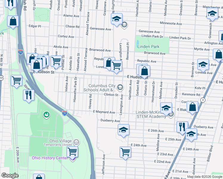 map of restaurants, bars, coffee shops, grocery stores, and more near 2301 Mcguffey Road in Columbus