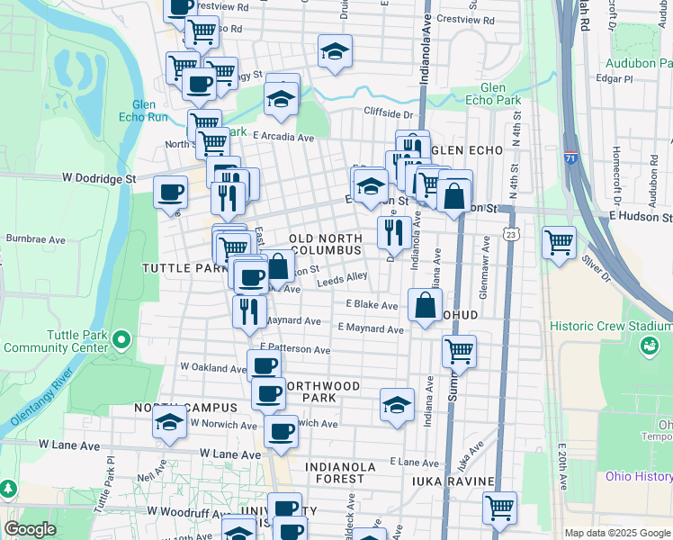 map of restaurants, bars, coffee shops, grocery stores, and more near 2426 Leeds Alley in Columbus