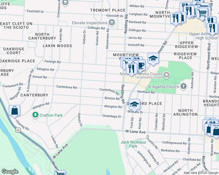 map of restaurants, bars, coffee shops, grocery stores, and more near 2246 Northam Road in Upper Arlington