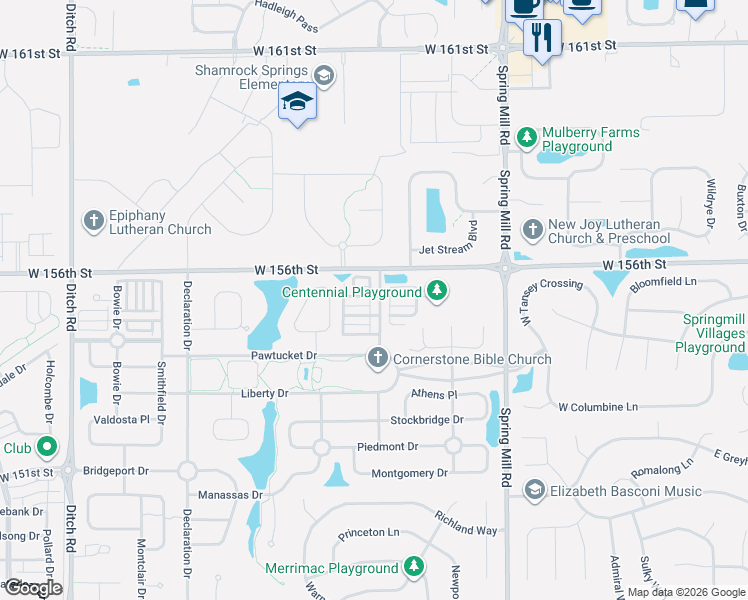 map of restaurants, bars, coffee shops, grocery stores, and more near 15512 Clearbrook Street in Westfield
