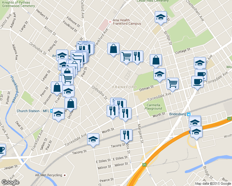 map of restaurants, bars, coffee shops, grocery stores, and more near 4636 Tackawanna Street in Philadelphia