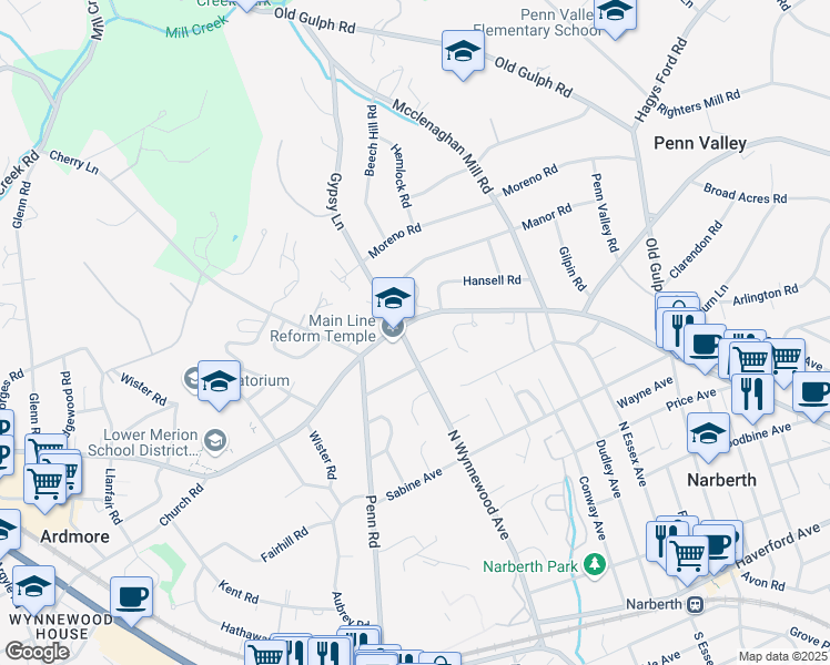 map of restaurants, bars, coffee shops, grocery stores, and more near 1334 Montgomery Avenue in Narberth