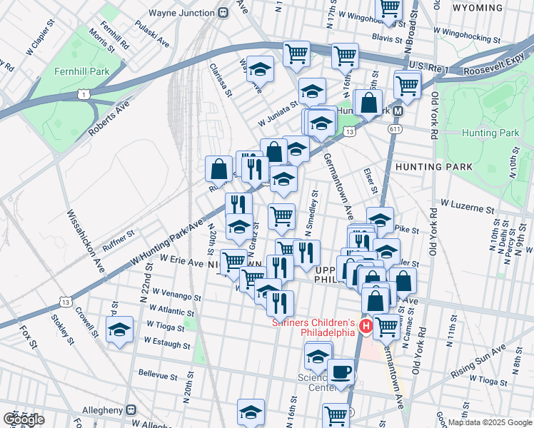 map of restaurants, bars, coffee shops, grocery stores, and more near 3850 North 18th Street in Philadelphia