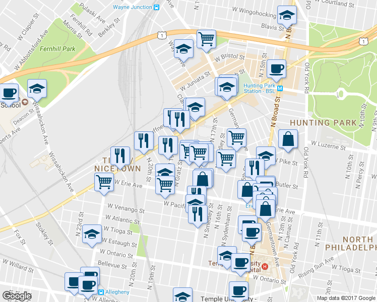map of restaurants, bars, coffee shops, grocery stores, and more near 3850 North 18th Street in Philadelphia
